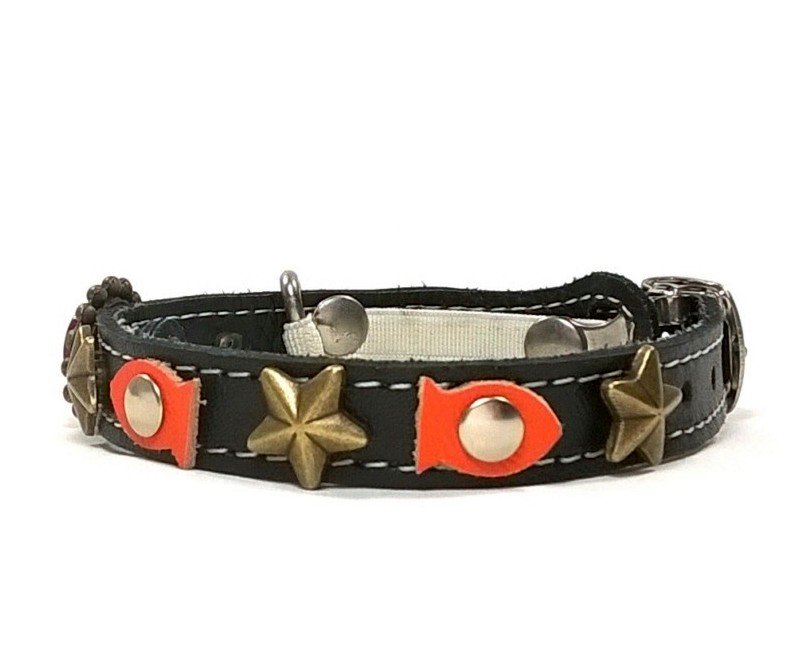 Luxury Cat collar with buckle and safety elastic with orange fish and sea  stars, design Fish - Superpipapo