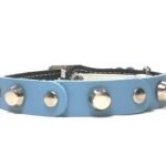 Original collar para gatos de colores ajustable con hebilla y elástico de seguridad de cuero negro azul bebé con tachuelas planas y remaches, Diseño Studded