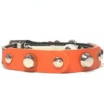 Cat collar with buckle and safety elastic of brown orange leather with flat studs and rivets, design Studded