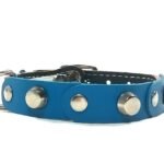 Original collar para gatos de colores ajustable con hebilla y elástico de seguridad de cuero marrón azul con tachuelas planas y remaches, Diseño Studded