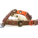 Luxe exclusieve honden-tuigje in oranje bruin of zwart leer met sierlijke ornamenten, design Orange