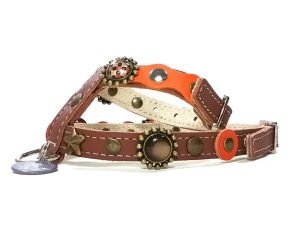 Luxus Hunde-Geschirr in orange braun oder schwarz Leder mit eleganten Ornamenten, Design Orange