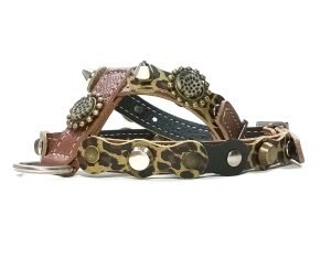 Camouflage Hunde-Geschirr aus Leder mit Leoparden-Muster und Steinen, Design Leopard