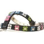 Handgefertigtes Hunde-Geschirr aus schwarzem oder braunem Leder mit Blumen in floralen Farben, Design Pastel