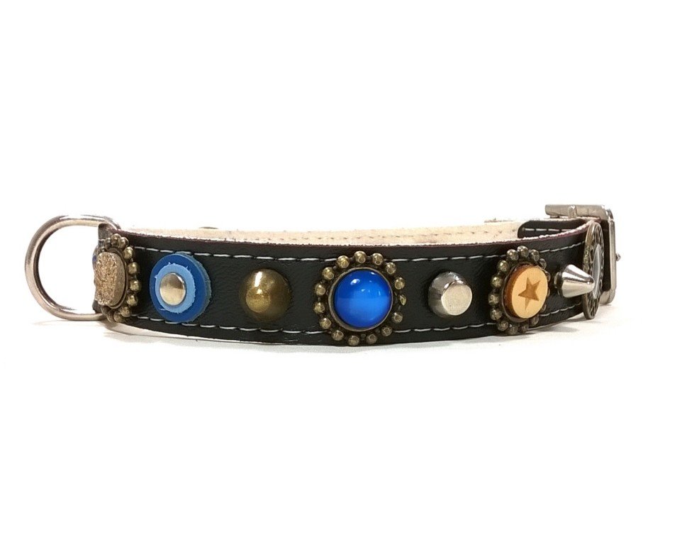 Luxus Hundehalsband aus schwarzem oder braunem Leder mit eleganter blau  farbige einzigartige Versierung, Design Mar - Superpipapo