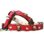 Comfortable leather dog harness of colourful red and black or brown leather, design Studded
