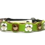 Floral cat collar with buckle and safety elastic in happy brown white green colors, design Flower Power