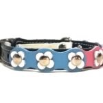Original collier de chat à fleurs de cuir avec fermeture boucle et élastique de sécurité en couleurs noir et blanc, Design Flower Power