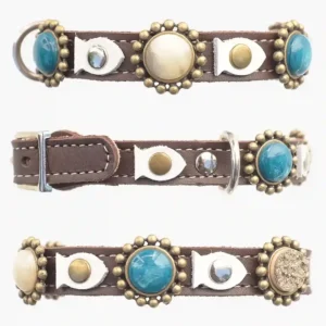 All sides of luxury leather cat collar with turquoise and gold sand coloured stones.