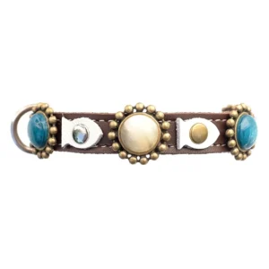 Side of luxury leather cat collar with turquoise and gold sand coloured stones.