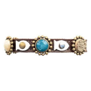 Front side of luxury leather cat collar with turquoise and gold sand coloured stones.