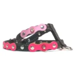 Right‑side view of a black leather dog harness with pink and magenta chain‑style studs from the “Sweet Fusion” design by Superpipapo.