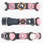 Zwarte leren kattenhalsband met roze 3D-rozen, olijfhout en tribal details, van alle kanten voor een compleet beeld van het unieke “3D Floral Tribal” design.