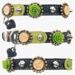 All-sides view of a handmade leather cat collar with a green 3D rose and heart details, showcasing its natural textures and distinctive romantic Wildthorn character.