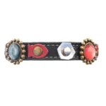 Right-side view of a black leather “Abyss Glow” cat collar featuring luxury red and dark grey stones, shiny silver patches and playful red fish details.