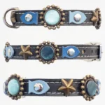 Alle Ansichten des handgefertigten Lederhalsbands mit blauen Steinen, Fisch‑Patches und Seesternen, mit einem eleganten und ausdrucksstarken Ozeandesign.