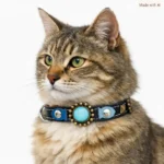 Streunerkatze mit dem handgefertigten Lederhalsband mit blauen Steinen, Fisch‑Patches und Seesternen, mit einem fancy und ausdrucksstarken Ozeanlook.