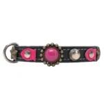 Front view of a black leather cat collar with a striking red stone and sea star details, combining handmade artistry with a colourful, adventurous boho-ocean look.