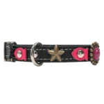 Left-side view of a black leather cat collar with red stone and sea star details, featuring a Safety closure with Anti-entanglement protection, adjustable buckle with elastic and Quick release breakaway system.