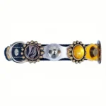 Linkerzijaanzicht van de handgemaakte “Boldfire Crest” kattenhalsband met premium leer, zilverkleurige patches, messing en zilveren studs, luxe steentjes en een comfortabele binnenlaag.