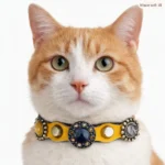 Rode kat met de handgemaakte “Boldfire Crest” halsband van premium geel en zilverkleurig leer, luxe steentjes, zachte binnenlaag en veilige elastische sluiting, vanaf de voorkant.