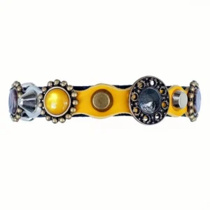 Rechterzijaanzicht van de unieke “Boldfire Crest” kattenhalsband met premium geel leer, zilveren accenten, luxe steentjes, zachte binnenlaag en een veilige breakaway sluiting.