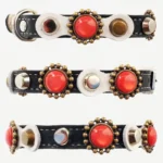 Chic white‑leather cat collar with coral stones and brass details shown from all angles, elastic clasp and soft inner layer.