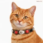 Stylish white‑leather cat collar with coral stones on red‑fur model, brass accents, elastic safety clasp and comfortable lining.