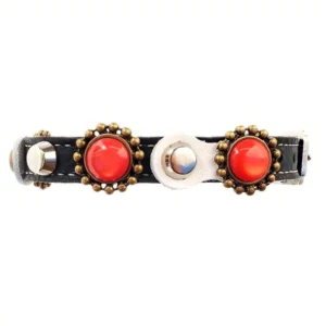 Premium white‑leather cat collar with coral stones, brass‑silver studs, comfort inner layer and elastic safety clasp.