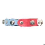 Front-side view of the black leather “Dutch Breeze” cat collar featuring red, white and light-blue leather patches and shiny silver studs for a fresh, sporty look.