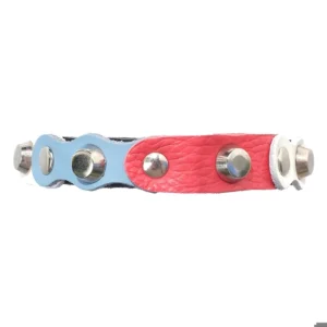 Front-side view of the black leather “Dutch Breeze” cat collar featuring red, white and light-blue leather patches and shiny silver studs for a fresh, sporty look.