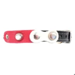Right-side view of the black leather “Dutch Breeze” cat collar featuring dynamic red, white and light-blue leather patches, polished silver studs and modern sporty styling.
