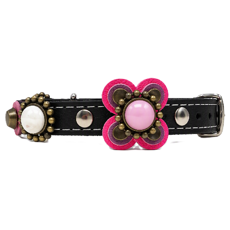 Luxury Leather Cat Collar with Fancy Pink Flower - “Fuchsia Fantasy Flair” - Front Side Front view of a black leather cat collar with a fancy pink flower, showcasing its luxurious handmade details and glamorous fantasy style.
