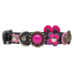 Left-side view of a black leather cat collar with a fancy pink flower, featuring a Safety closure with Anti-entanglement protection, adjustable buckle with elastic and Quick release breakaway system.