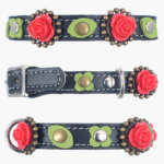 All-sides presentation of a black leather gothic cat collar featuring red 3D roses, romantic floral elements and an eye-catching gothic design.