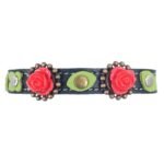 Front-side view of a black leather gothic cat collar featuring red 3D roses and romantic floral details.