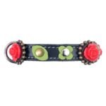 Right-side view of a black leather gothic cat collar featuring red 3D roses and a bold vintage gothic character.