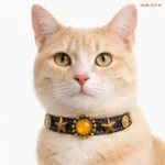 Rode kat met de stijlvolle zwarte leren kattenhalsband “Guardian Eyes”, met gele kattenogen, messing sterren, elastische veiligheidssluiting en comfortlaag in een elegante, gedurfde look.