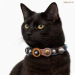Handgemaakte kattenhalsband van jeans‑blauw en bruin leer met olijfhouten accenten, zilveren details en een zachte binnenlaag.