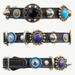 All‑sides overview of the artisanal leather cat collar showcasing blue stones and artistic Mediterranean detailing.