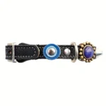 Left side view of the artisanal leather cat collar featuring blue stones, artistic accents and a gentle elastic breakaway safety clasp.