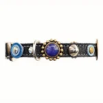 Right side view of the artisanal leather cat collar with blue stones and elegant artistic details.