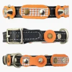 Alle zijden van een zwarte leren kattenhalsband in oranje vintage retro stijl, getoond onder een licht verhoogde hoek op een witte achtergrond.
