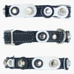 Handmade cat collar in black‑white leather & silver studs, showing modern elegant lines and a bold retro‑studded character from every viewing angle.