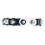 Handmade cat collar in black‑white leather & silver studs, modern elegant with a retro‑studded flair for confident cats who enjoy bold style.