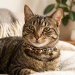 Chat tabby portant un collier pour chat en cuir noir avec motif léopard, pointes couleur laiton et détails brillants, dont le style animal print sauvage souligne joliment les nuances naturelles du pelage.