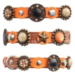 All-sides view of the brown leather cat collar with orange accents and luxury beige & mandala stones, showcasing the complete handmade design and its warm, colourful boho style.