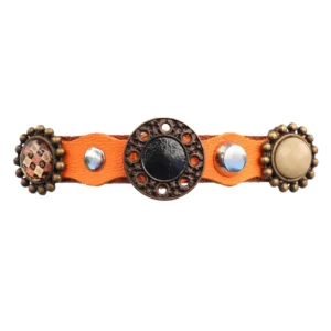 Front view of the brown leather cat collar with vibrant orange accents, luxury beige & mandala stones, creating a warm handmade boho look with exotic charm.