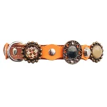 Left-side view of the brown leather cat collar with orange, beige & mandala stones, featuring a Safety closure with Anti-entanglement protection, adjustable buckle with elastic and Quick release breakaway system.