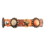Right-side view of the brown leather cat collar with vivid orange details and luxury beige & mandala stones, highlighting its elegant handmade boho character.